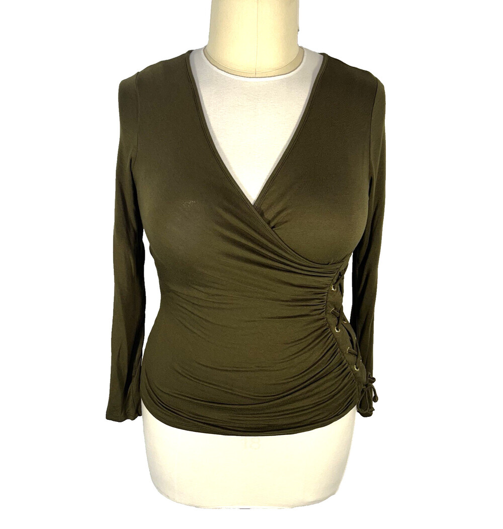 Venus Blouse Womens L Olive Green Laced Side Wrap V-Neck Long Sleeve Laced Side